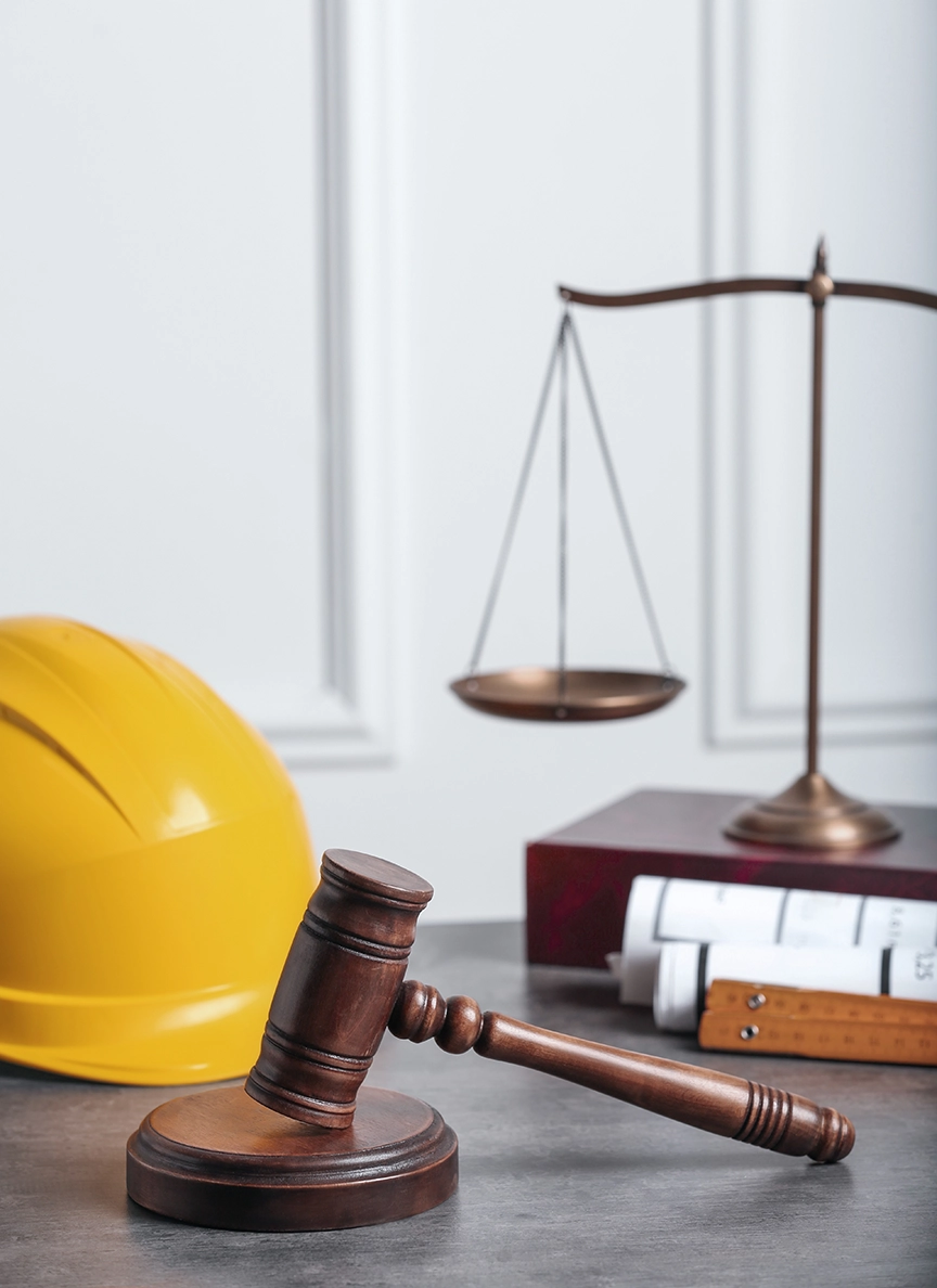 Sigma Abriss - Umweltauswirkungen von Abrissarbeiten und ihre Minimierung Richterhammer, Gerechtigkeitswaage, Schutzhelm mit Zeichnungen auf grauem Tisch