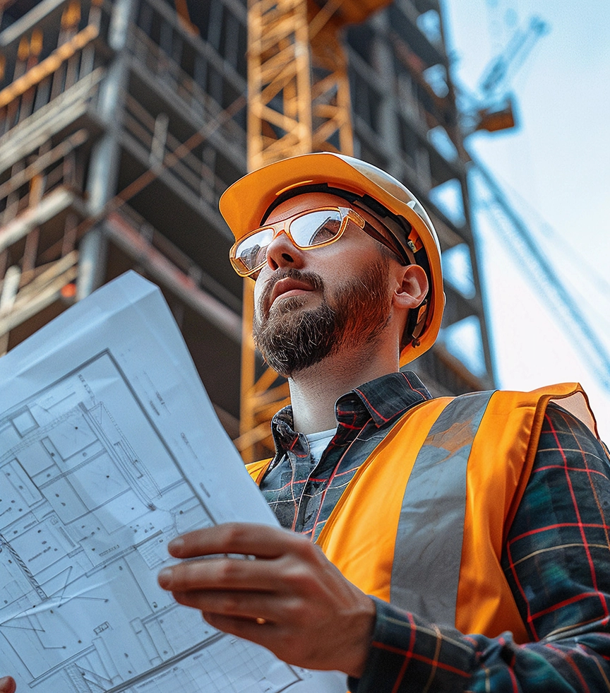 Sigma Abriss - Sicherheitsmaßnahmen und Gesundheitsschutz auf der Baustelle Ein Bauarbeiter in Sicherheitsausrüstung untersucht Baupläne